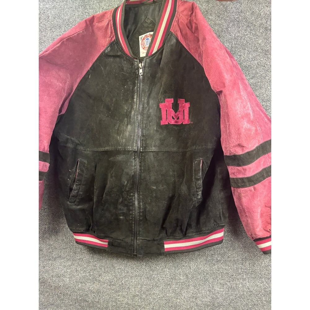 VNTG University of Montana Varsity Jacket Mens L Black Maroon Griz Suede Leather